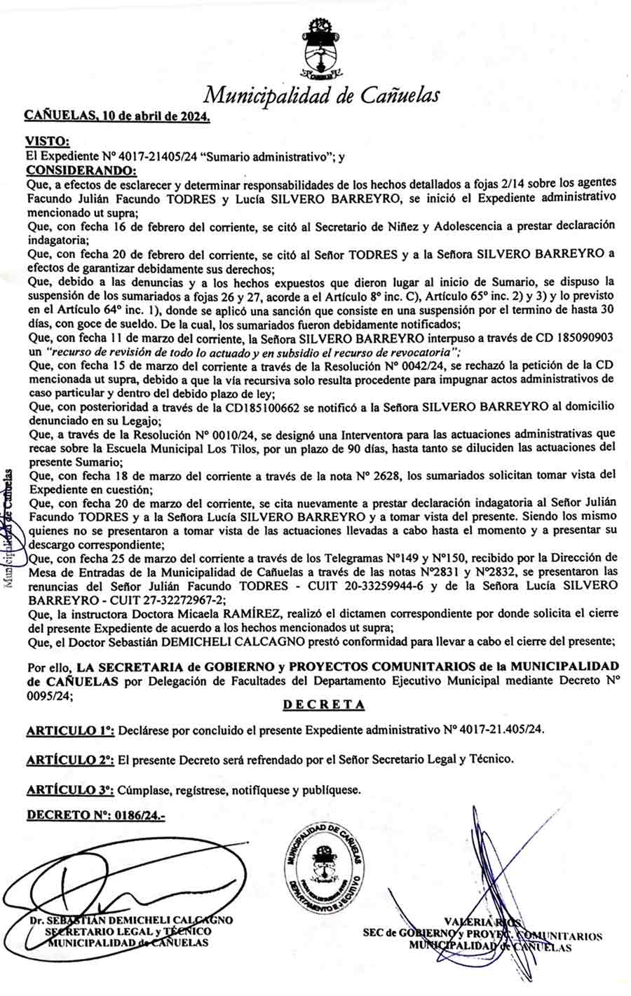 Decreto que marca el final de la escuela municipal.