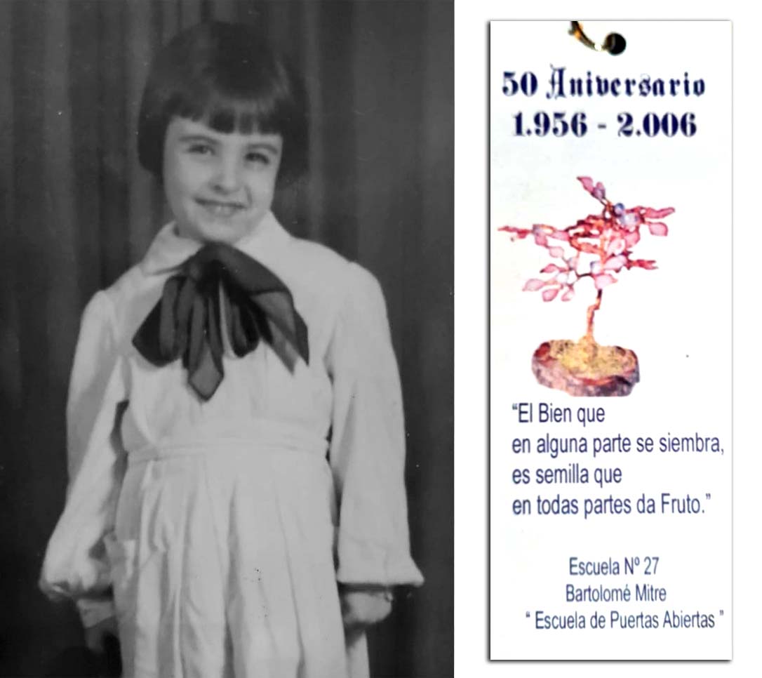 Ana María Cúneo, con 5 años, probándose el guardapolvos de su hermana; y un señalador conmemorativo de los 50 años de la Escuela 27. Cortesía: Adriana Laurens.