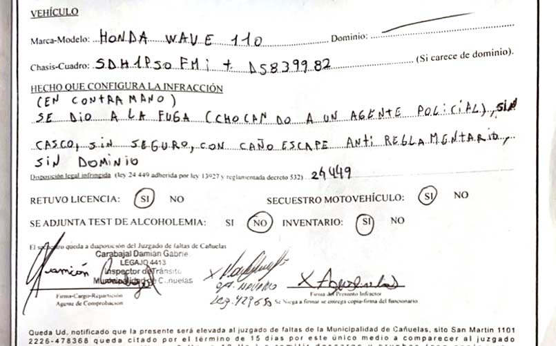 Acta labrada por el personal de Tránsito.