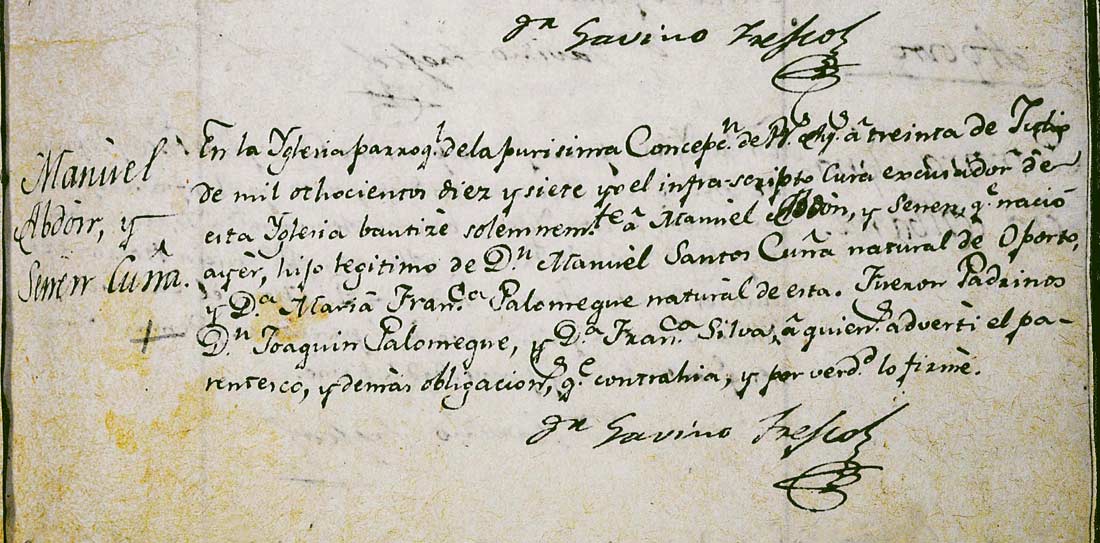 Certificado de bautismo de Manuel Abdón y Senen Acuña.