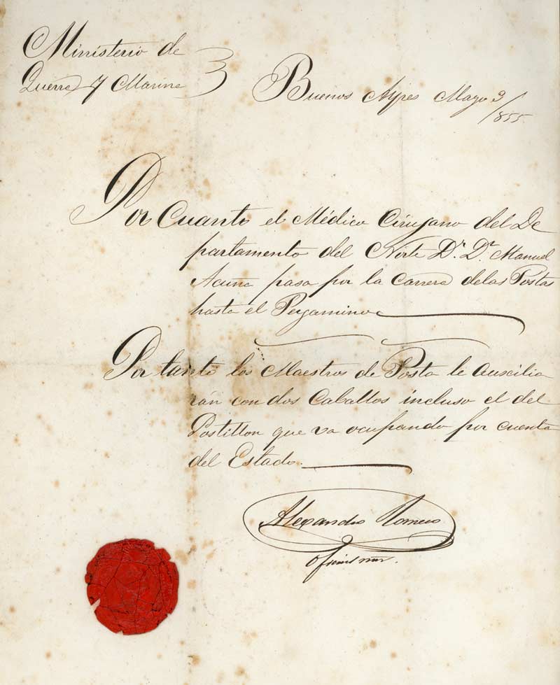 Oficio del Ministerio de Guerra (1855) con el que Acuña recibía caballos para poder transitar en la campaña. Gentileza Emma Acuña.