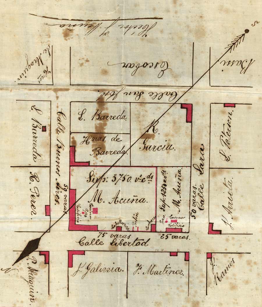 Plano que confirma la ubicación de la propiedad del Dr. Acuña: una media manzana entre calles Buenos Aires (hoy Libertad) y Lara. Gentileza Emma Jamardo.