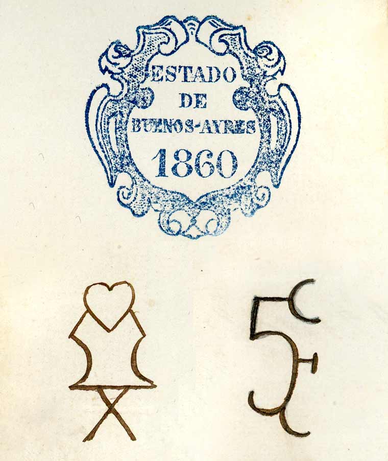 Marcas de ganado otorgadas a Acuña para sus campos de Cañuelas y Lobos. Gentileza Emma Jamardo.