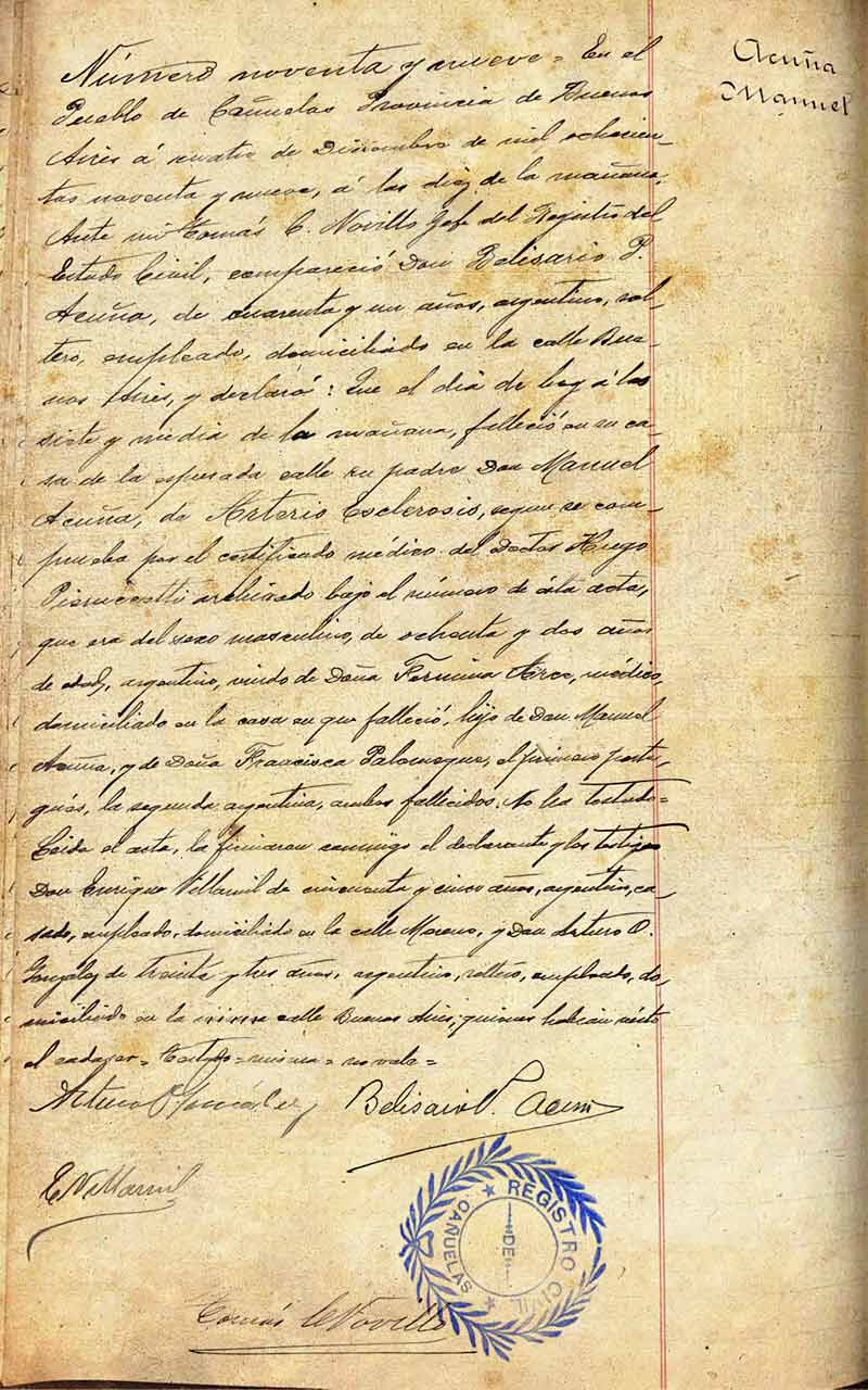La muerte del Dr. Acuña asentada en el Registro Civil el 4 de diciembre de 1899.