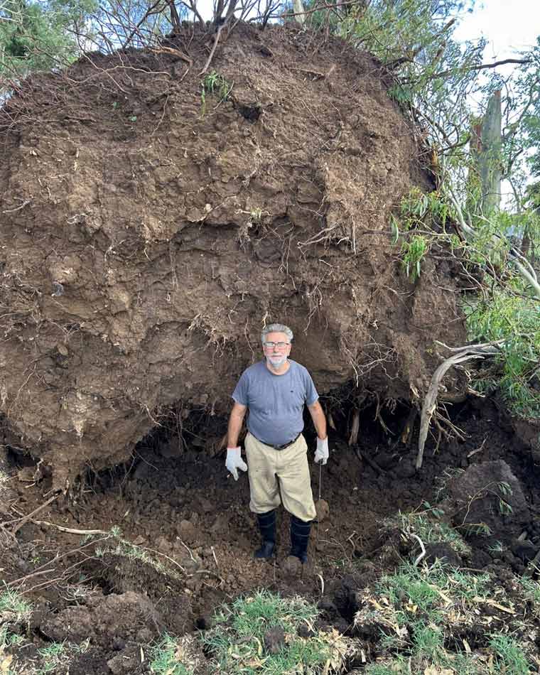Franco Tripodi posa junto a uno de los eucaliptos que el viento arrancó en su campo de La Noria.