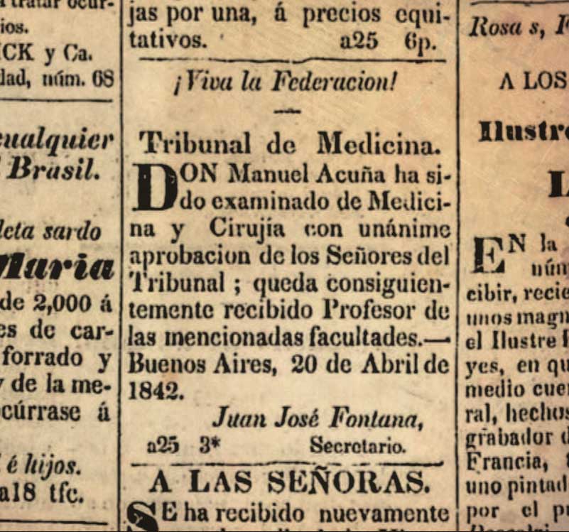 La noticia de la graduación de Acuña publicada en La Gaceta Mercantil, 28 de abril de 1842.
