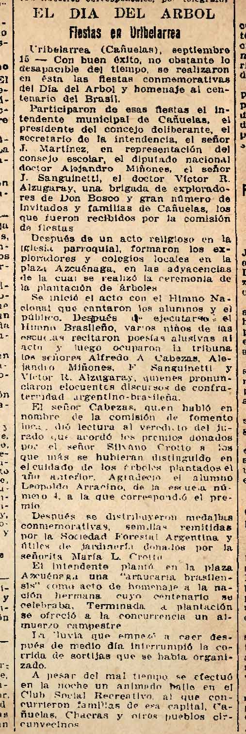 Artículos sobre el arbolado en Uribelarrea, La Prensa, 16 de septiembre de 1922.