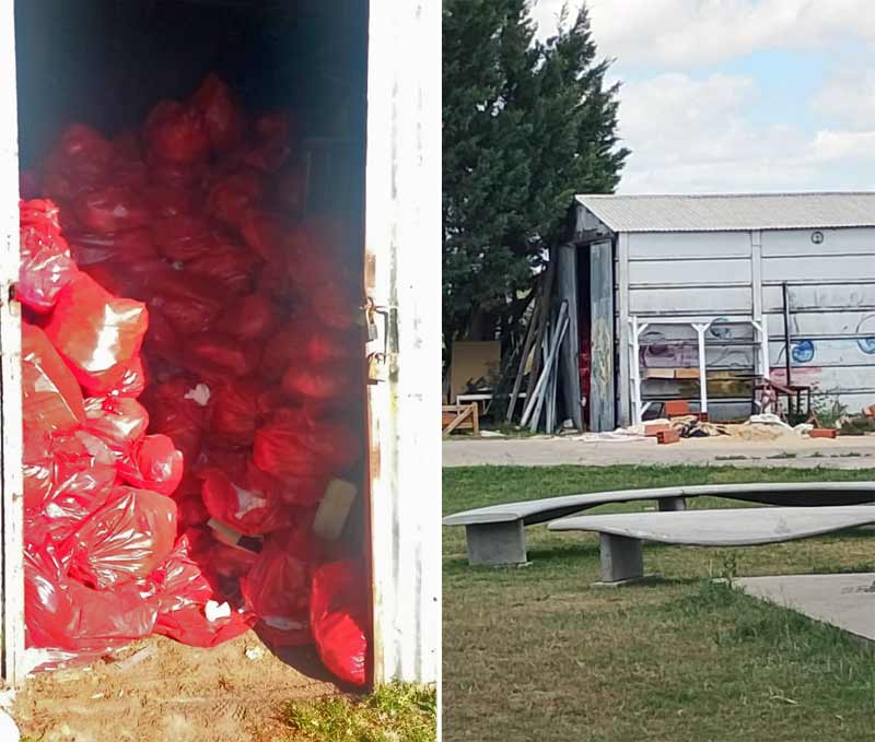El galpón para las bolsas rojas de residuos patológicos se llenó.