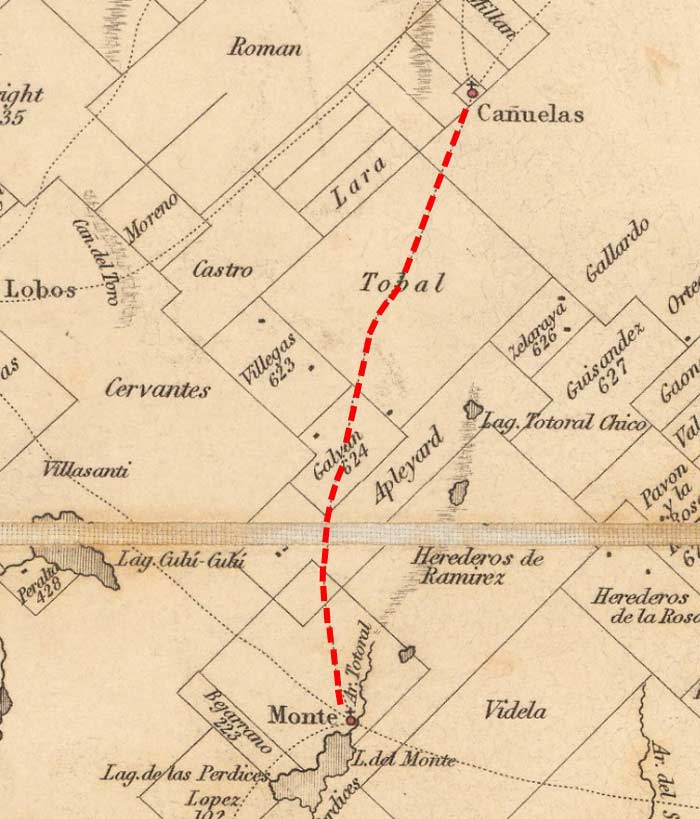 El retrato de Rosas fue llevado en procesión desde Cañuelas a Monte. Mapa de Sir Woodbine Parish y John Arrowsmith, 1836. 