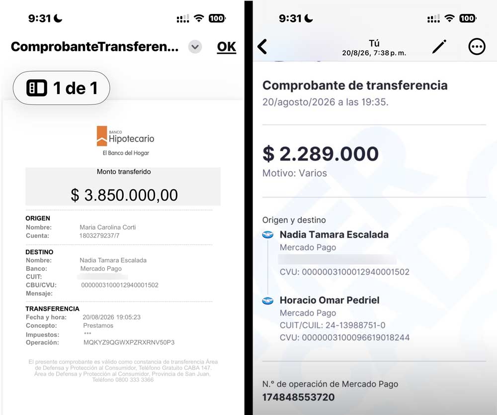 El comprobante falso de la transferencia por 3.850.000 que Nadia recibió en el chat y la devolución de los primeros 2.289.000 que realizó al cuit de Horacio Omar Pedriel.