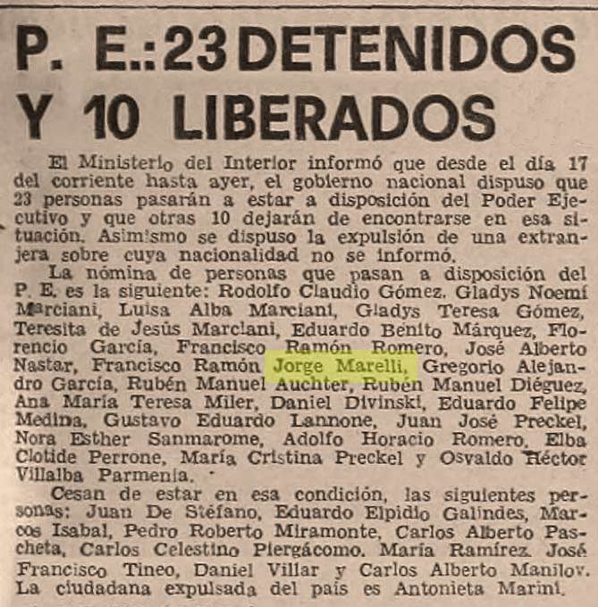 La noticia de la detención de Marelli en Crónica. 26 de febrero de 1977. Biblioteca Nacional Mariano Moreno / Archivo InfoCañuelas.