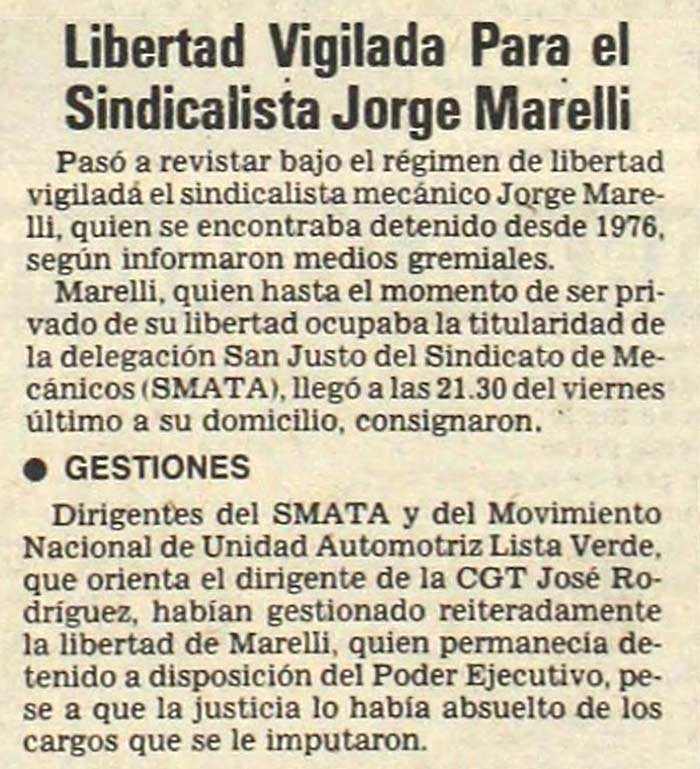 Marelli liberado en 1982. Diario Crónica, 12 de junio de 1982. Biblioteca Histórica Nacional / Archivo InfoCañuelas.